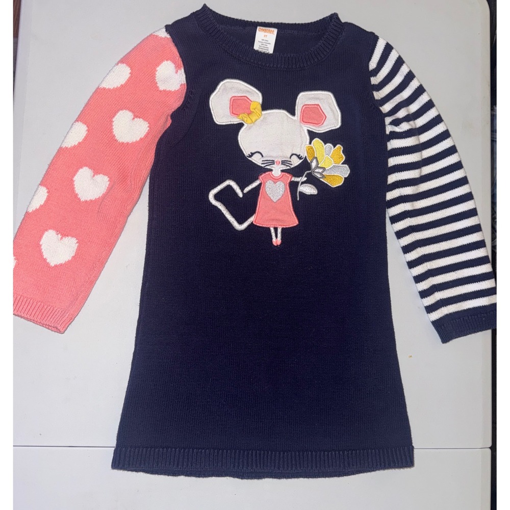 Gymboree Sweater Dress Girls 5T Navy Blue Mouse Hearts Stripes Knit Cotton